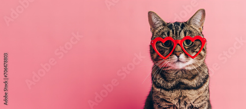 St. Valentine's Day card concept. Funny cat in red heart shaped glasses isolated on pink background	 photo