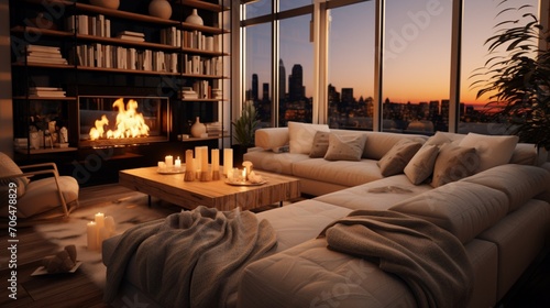 A modern living room embracing a cozy vibe with a fireplace  plush rugs  and comfortable oversized seating