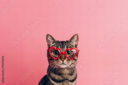 St. Valentine's Day card concept. Funny cat in red heart shaped glasses isolated on pink background  © ALL YOU NEED studio
