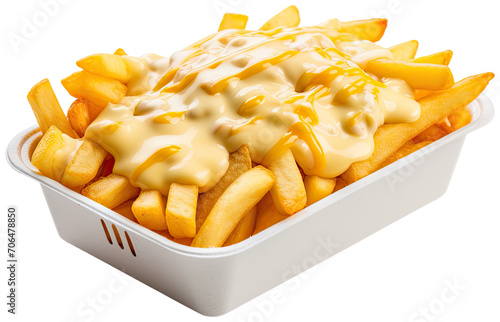 Fries potato in white foam box with melted cheese  illustration PNG element cut out transparent isolated on white background ,PNG file ,artwork graphic design.
