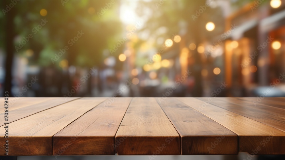 Rustic Wooden Table in a Cozy Urban Cafe – Vintage Design with Modern Ambiance for Relaxing Coffee Breaks