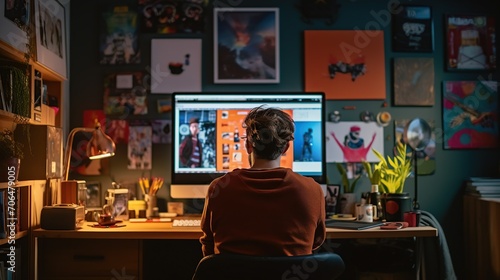 A person is engaged in photo editing on a computer in a cozy, creatively decorated home office at night.