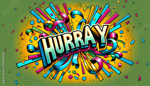 a vivid, celebratory graphic with the word 