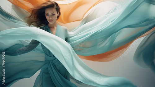 A stunning portrait of a woman enveloped in swirling pastel fabrics, creating an effect of weightlessness and grace.