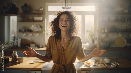 A radiant woman with curly hair laughing and enjoying her time in a bright, naturally lit kitchen setting. photo