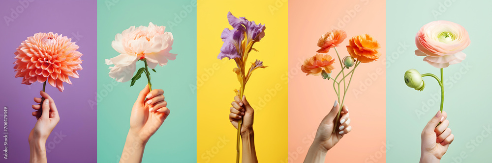 Spring colorful flowers in hand on color background collection, flower collage. Trendy spring flower collection with Dahlia, Peony, Iris, Buttercup flowers