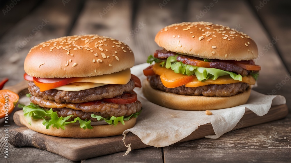 hamburger on a wooden table hamburger on a wooden table