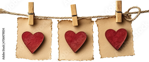 Heart love garland blank empty paper sheet attached with wooden wood pegs on string illustration PNG element cut out transparent isolated on white background ,PNG file ,artwork graphic design.