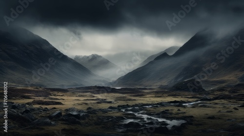 Gloomy foggy mountain landscape. Neural network AI generated art