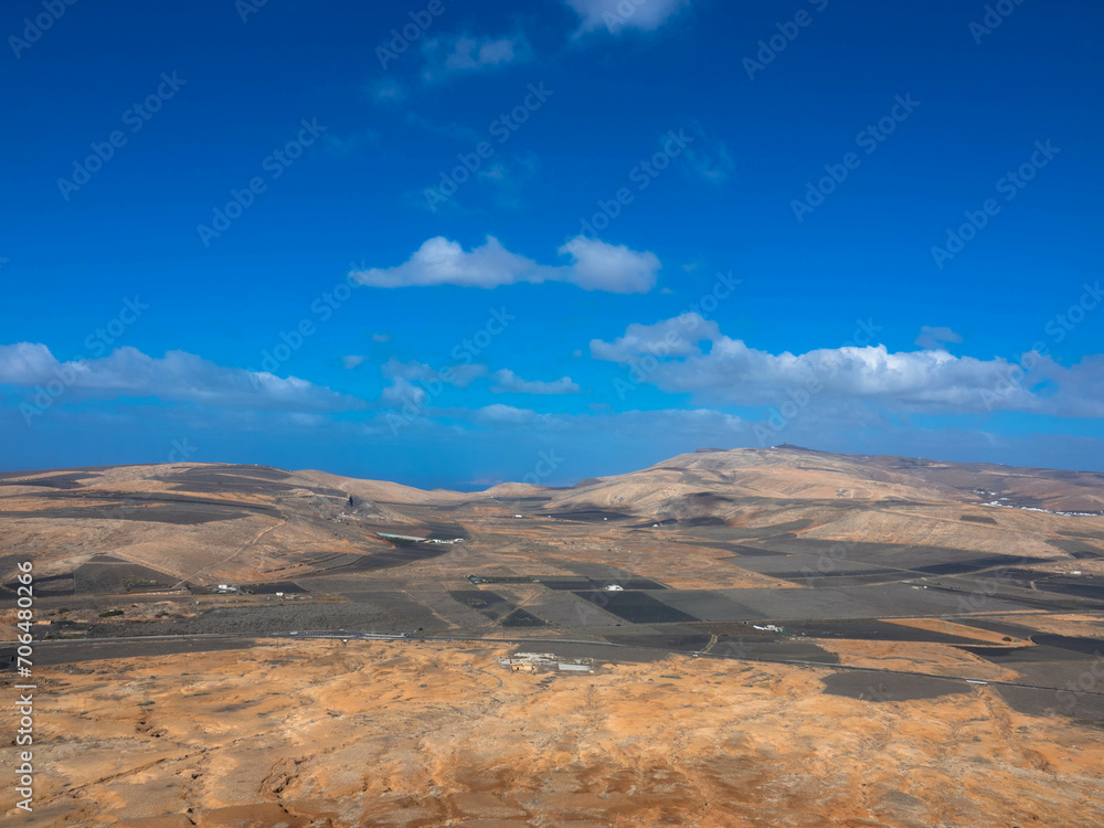 Spectacular views of the Fire Mountains at Timanfaya National Park, this unique area consisting entirely of volcanic soils. A Mars-like volcanic landscape in a sea of ​​lava. Lanzarote, Canary Island