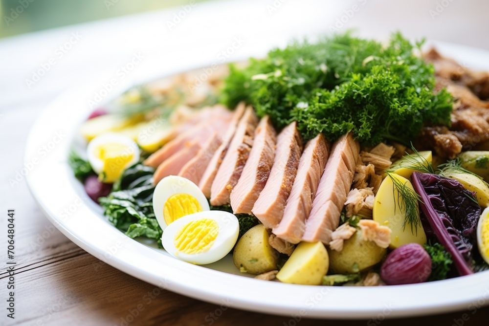 side angle of a nicoise salad, showing layered ingredients side angle of a nicoise salad, showing layered ingredients