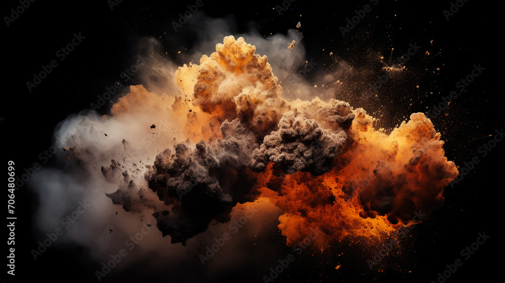 Fiery bomb explosion with sparks isolated on black background - obrazy, fototapety, plakaty 