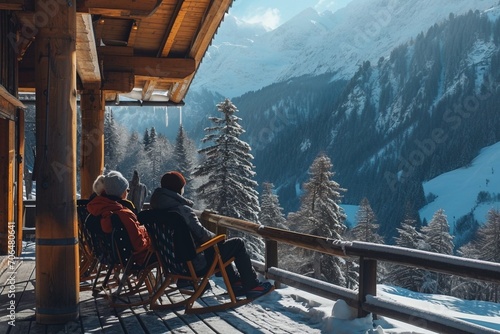 vacationers in armchairs on the loggia of a wooden hut, ski resort, against the backdrop of snow-covered forests and mountains