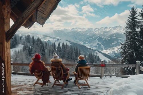 vacationers in armchairs on the loggia of a wooden hut, ski resort, against the backdrop of snow-covered forests and mountains