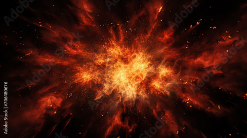 Fiery bomb explosion with sparks isolated on black background