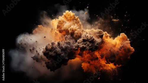Fiery bomb explosion with sparks isolated on black background photo
