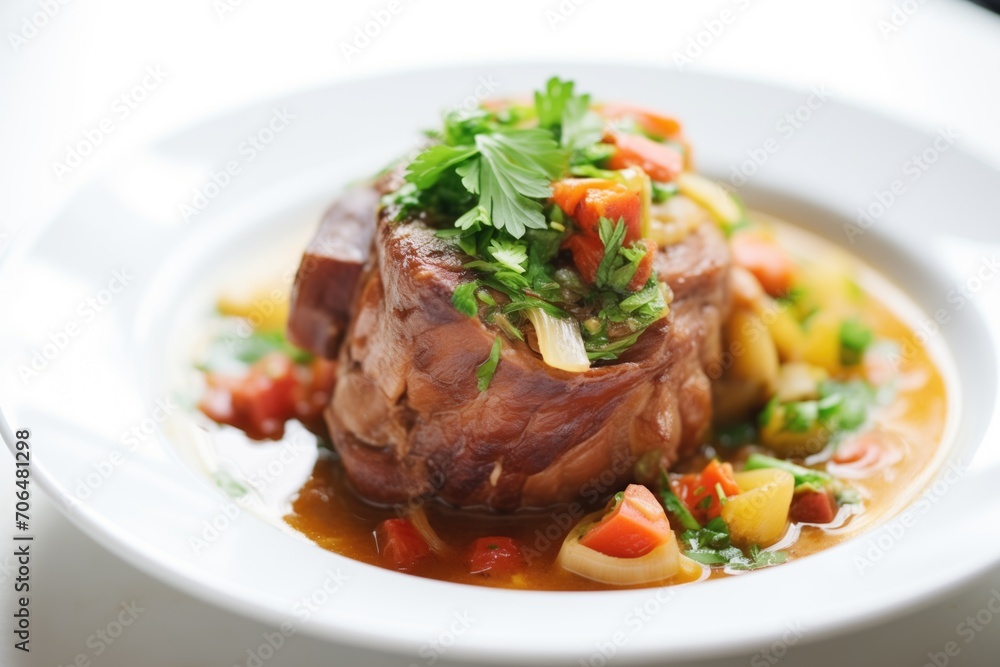 close-up of garnished osso buco in a white dish