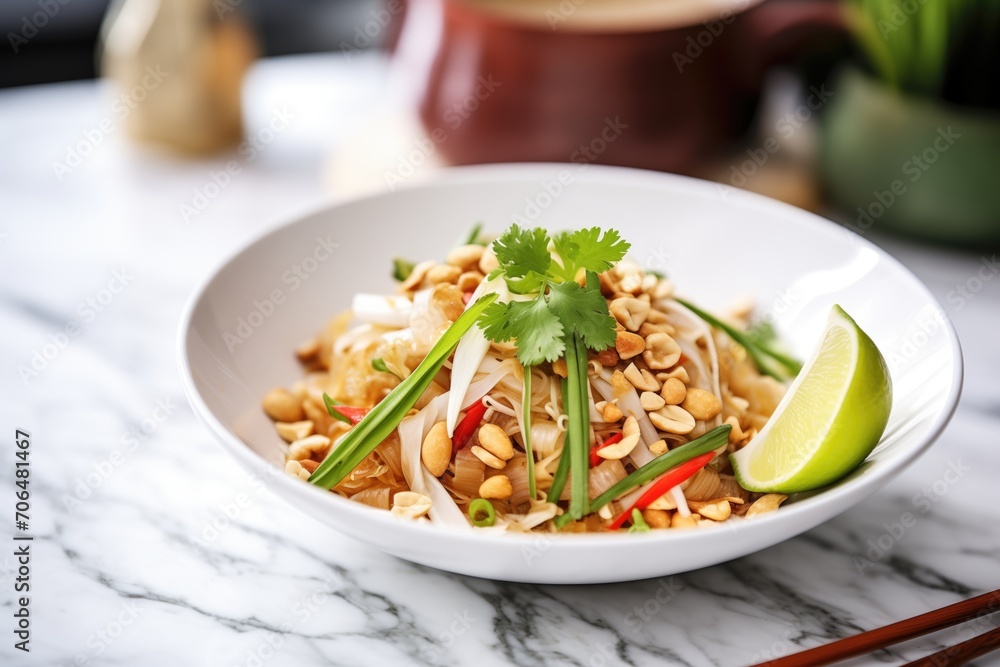pad thai served in white bowl with lime wedge and chopped peanuts