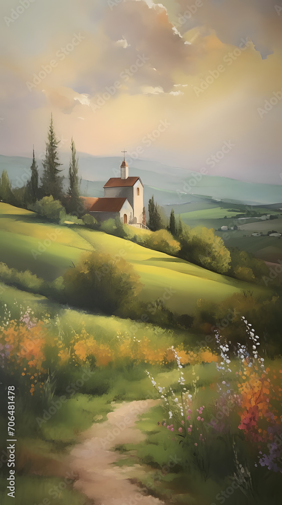 Obraz premium Springtime Path to Easter Sunday Chapel AI-Generative