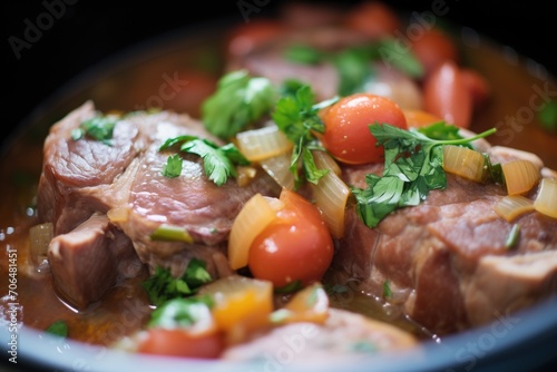 close view of osso buco with tomato chunks visible