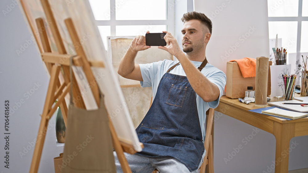 Handsome young man in apron taking smartphone photo of his painting in a bright studio