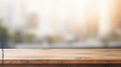 Elegant Wood Tabletop on Bright White Abstract Background, Minimalist Design with Copious Copy Space, Perfect for Modern Interior Concepts and Creative Mockups.