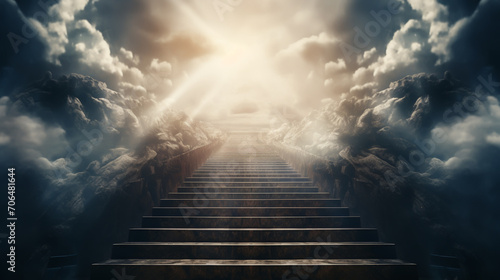Stairway Curving Through Clouds Into The Light Of Heaven With Blue Sky