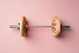 Pizza dumbbell, bad fitness nutrition. Creative concept for a healthy lifestyle, sport and bodybuilding. Weight training and wrong diet, too much carbohydrates, funny food, eating junk food