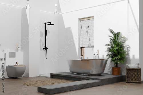 Interior of light bathroom with bathtub  shelving unit and flowers  3d render