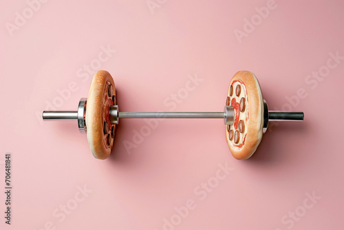 Pizza dumbbell, bad fitness nutrition. Creative concept for a healthy lifestyle, sport and bodybuilding. Weight training and wrong diet, too much carbohydrates, funny food, eating junk food photo