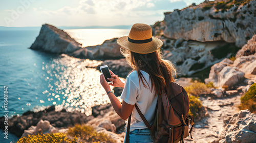 tourist using smartphone to take photos, world travel concept photo