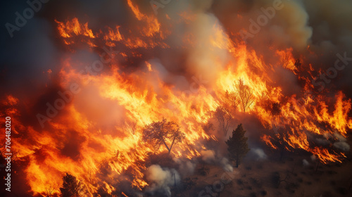 Dry grass burns on meadow in countryside at sunset. Wild fire burning dry grass in field. Orange flames and billowing smoke. Open fire.