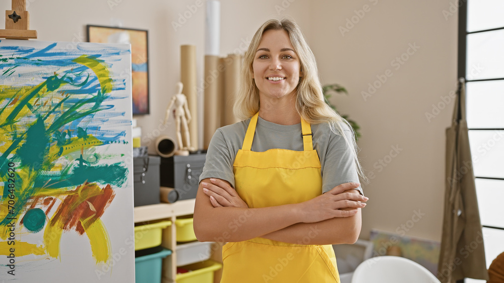 A confident blonde woman artist stands in a well-lit studio, arms crossed, wearing a yellow apron. A confident blonde woman artist stands in a well-lit studio, arms crossed, wearing a yellow apron.