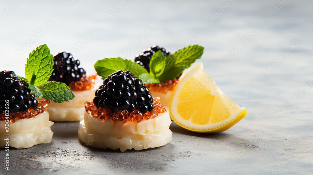 crackers with cream cheese red and black caviar, horizontal crackers with cream cheese red and black caviar, horizontal