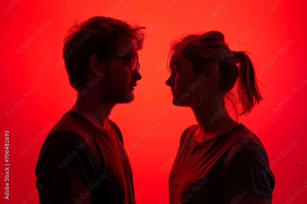 Silhouette of a Couple Against Red Backdrop - Emotional Portrait, Ideal for Relationship Dynamics and Drama Themes