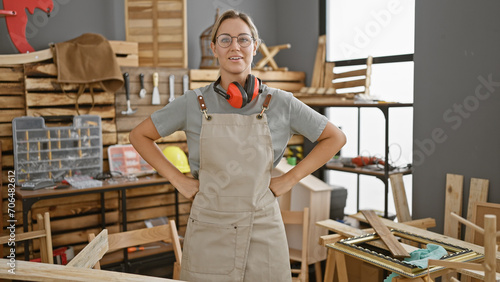 Confident woman carpenter with glasses and apron stands in a well-organized workshop, showcasing craftsmanship and professionalism