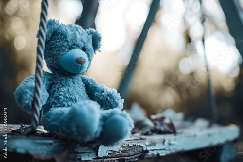 Blue Monday concept. Old blue toy teddy bear sitting on old wooden swing outdoors. Feelings of depression, sadness, loneliness, fatigue, difficulties