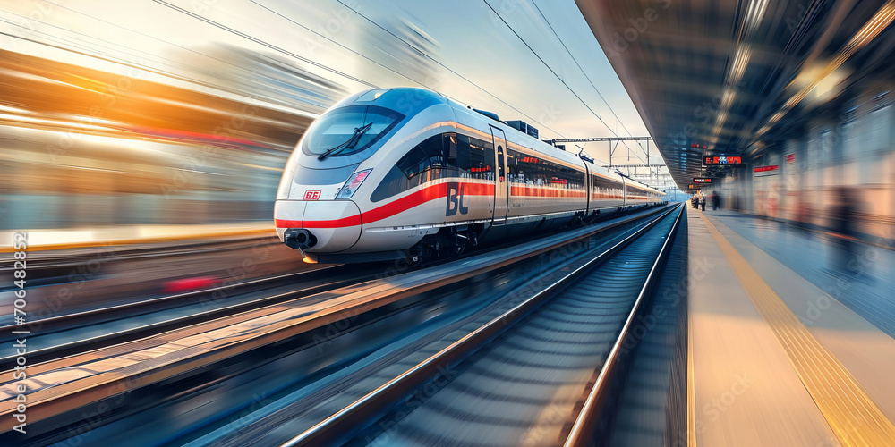 High-Speed Train in Motion: Perfect for Travel Brochures, Modern Transportation, and Technology Themes - obrazy, fototapety, plakaty 