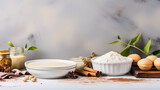 Cooking and baking ingredients utensils on ligh background. Lactose and gluten free. Long banner format. place for text.
