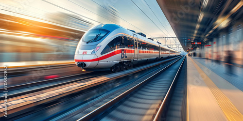 High-Speed Train in Motion: Perfect for Travel Brochures, Modern Transportation, and Technology Themes photo