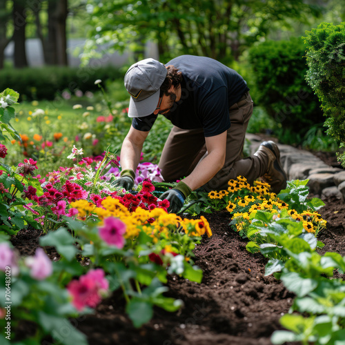 Hispanic labor landscaper planting new flowers at a commercial or homeowner work site. © John