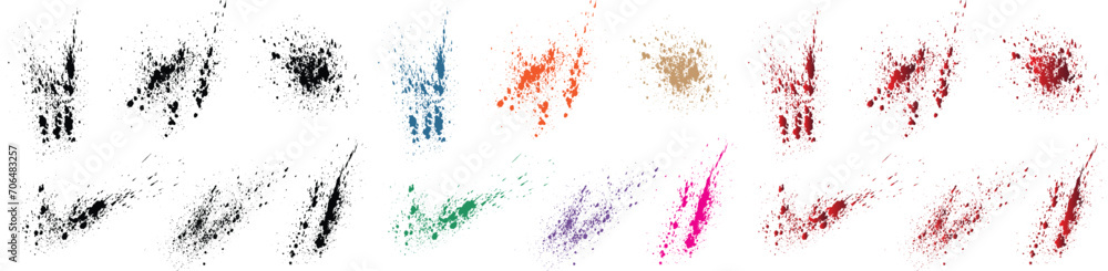 Vector set of spot blood splatter orange, purple, red, wheat, black, green color grunge brush stroke illustration