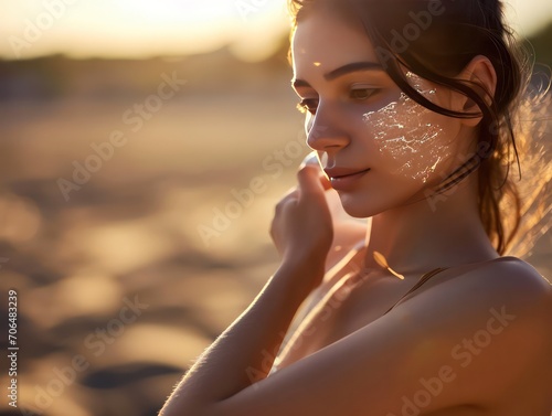 A young woman conscientiously applies sun cream or sunscreen , safeguarding her skin from the sun's rays. The shot is framed with blurry sand in the background, indicating a summer beach setting.