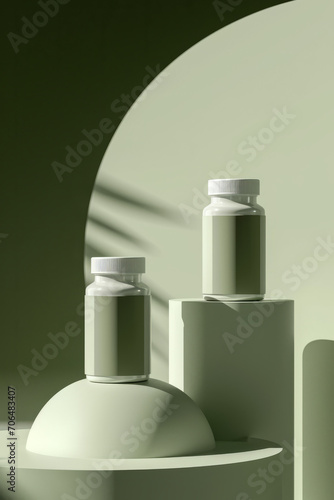 Modern White Supplement Jars on Olive Green Platforms: Perfect for Health and Wellness Product Presentations