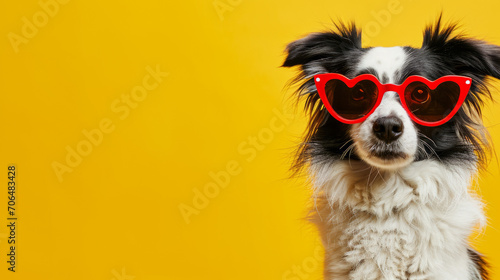 Dog with Heart-Shaped Sunglasses on Yellow Background - Engaging for Pet Care Services or Valentine's Day Campaigns