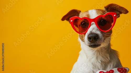 Dog with Heart-Shaped Sunglasses on Yellow Background - Engaging for Pet Care Services or Valentine's Day Campaigns