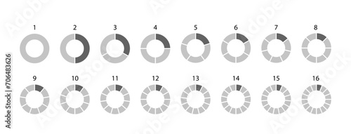 Circular structure grey colors graph. Piechart with segments and slices. Pie diagram divided into pieces. Round chart. Circle section template. Set schemes with sectors. Vector illustration photo