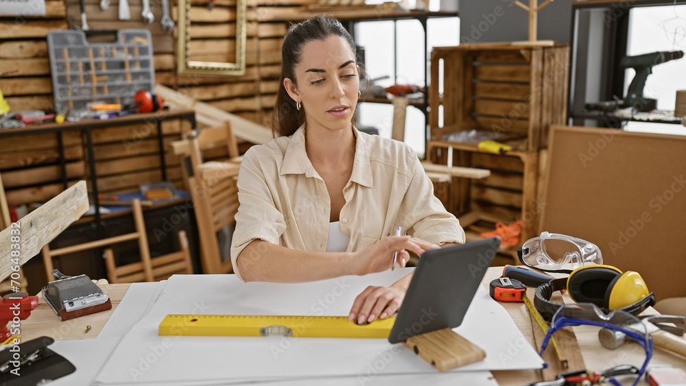 Young beautiful hispanic woman carpenter using touchpad at carpentry Young beautiful hispanic woman carpenter using touchpad at carpentry