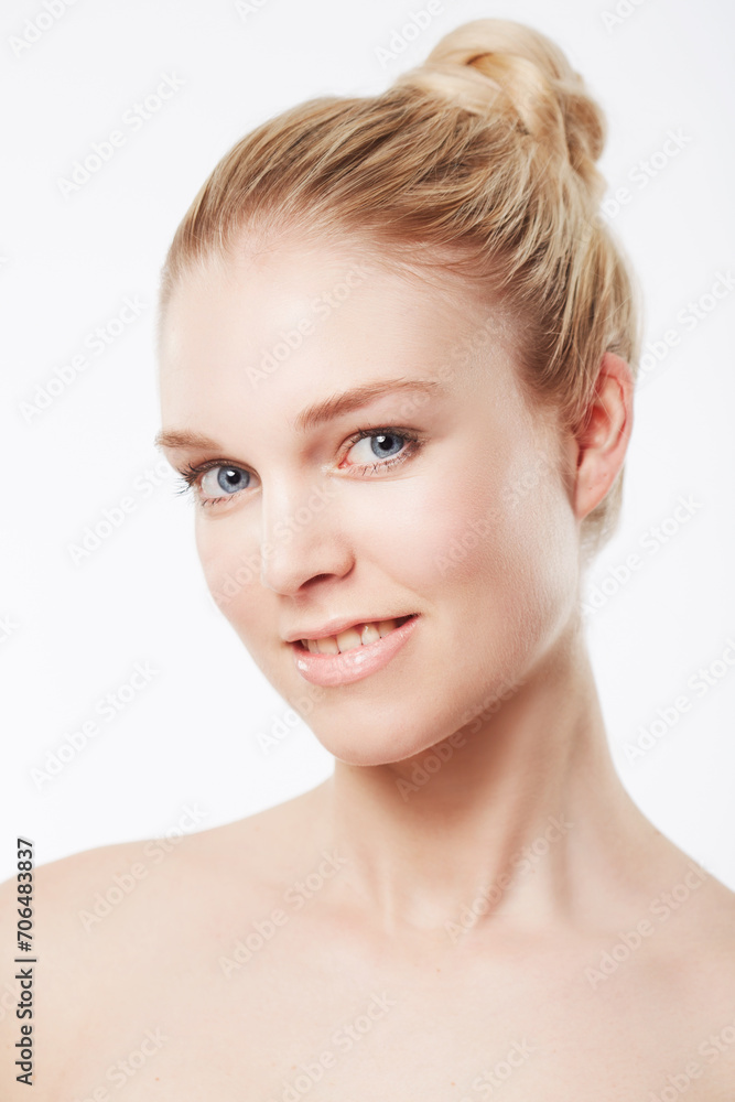 Portrait of happy model, smile or skincare for wellness with cosmetics, aesthetic or healthy glow. Dermatology, studio or confident woman with pride, smile or beauty results on white background Portrait of happy model, smile or skincare for wellness with cosmetics, aesthetic or healthy glow. Dermatology, studio or confident woman with pride, smile or beauty results on white background