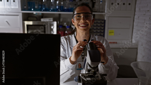 A beaming young hispanic scientist, a vision of beauty, lost in the world of microscopic marvels at her lab, ushering in a new era of science and research.